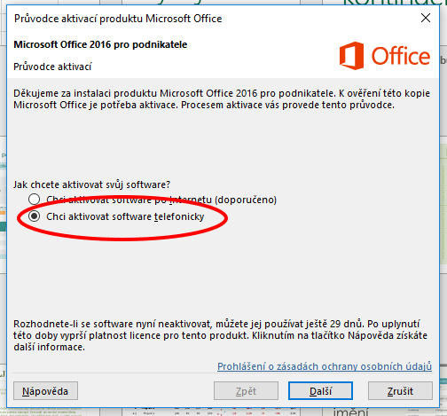 Telefonická aktivace MS Office 2019